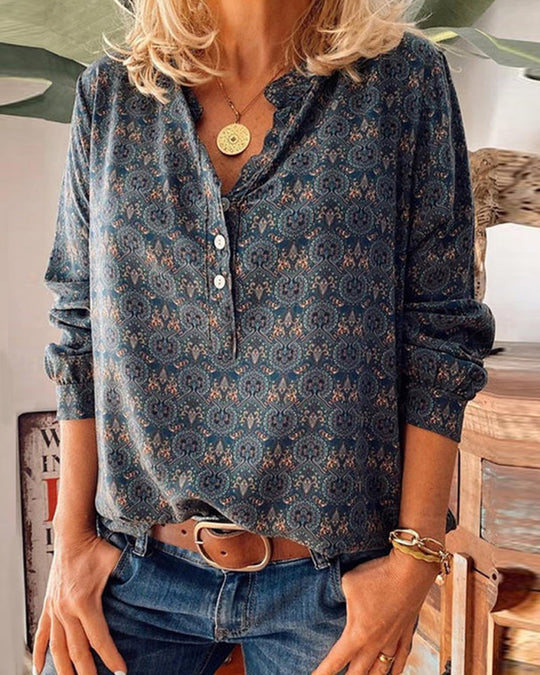 Blouse with Long Sleeves and Vintage Print