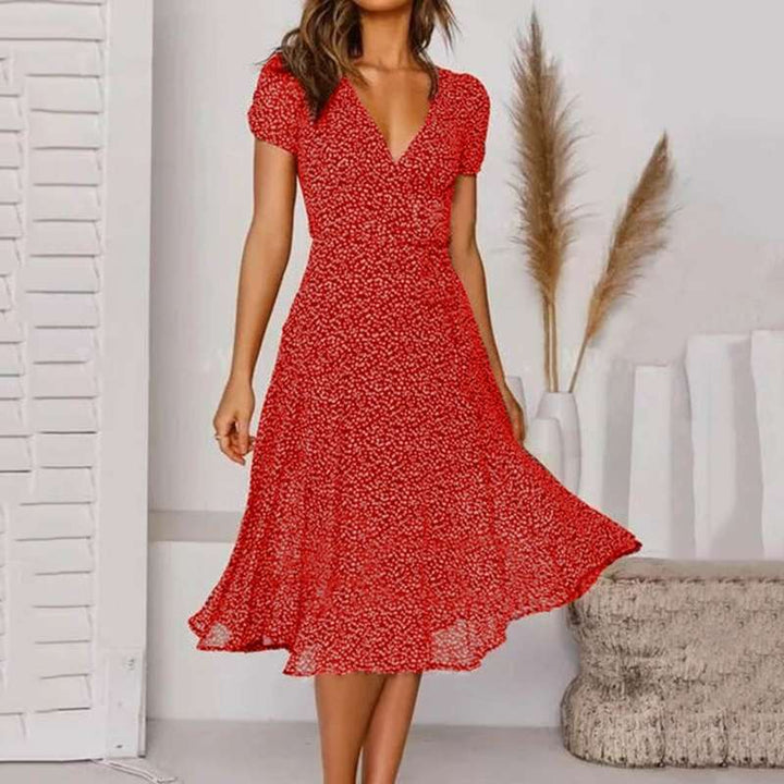Elegant Flared Midi Dress with V-Neck for Women – Flattering, Lightweight