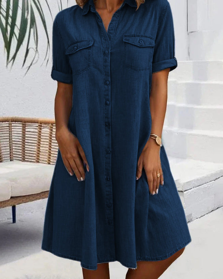 OLLIE - BUTTON-UP SHORT SLEEVE DENIM DRESS