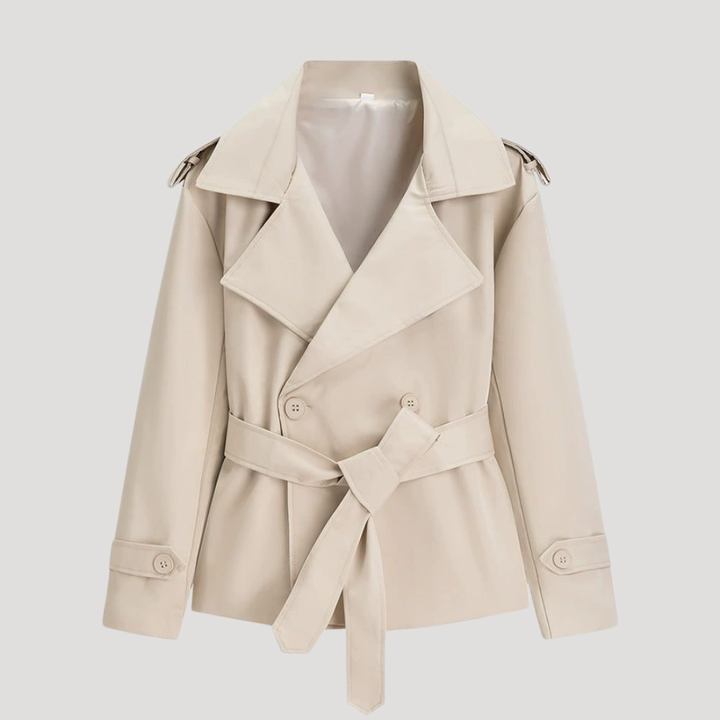 Short Women's Oversized Trench Coat with Tie Belt