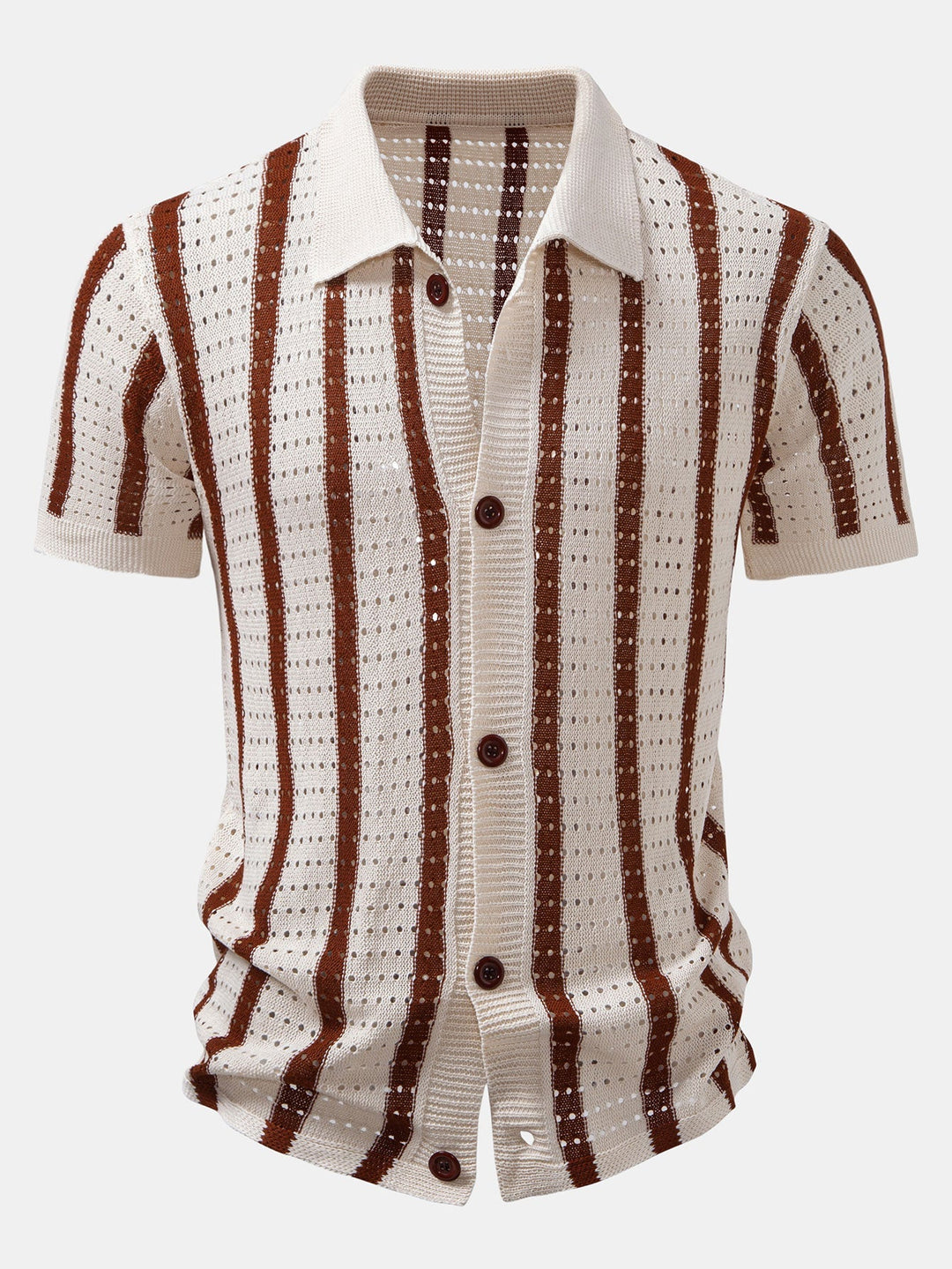 STRIPED SHIRT WITH KNITTED EYELETS & STRAIGHT LEG LINEN PANTS