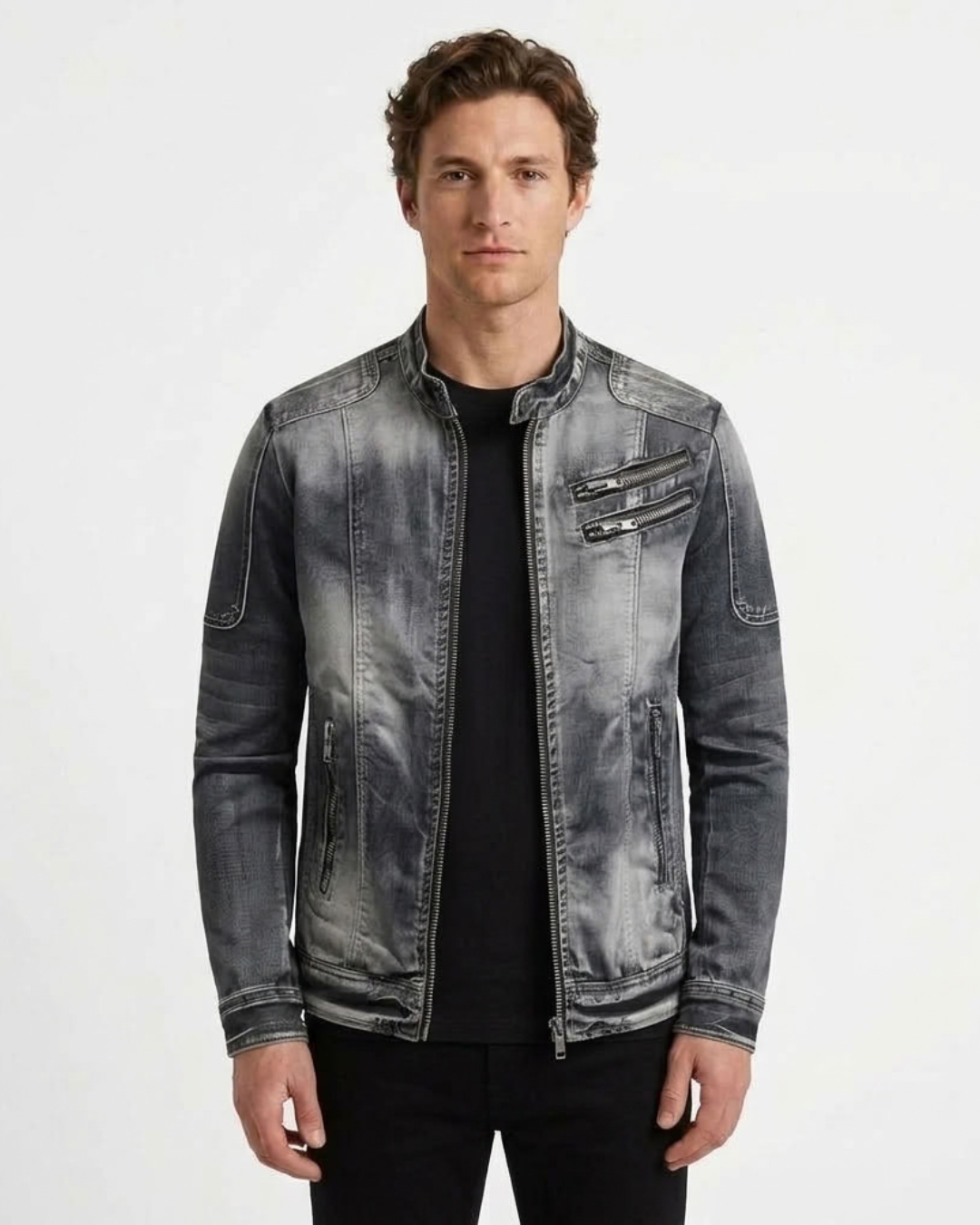Fitted Denim Jacket with Worn Effect for Men