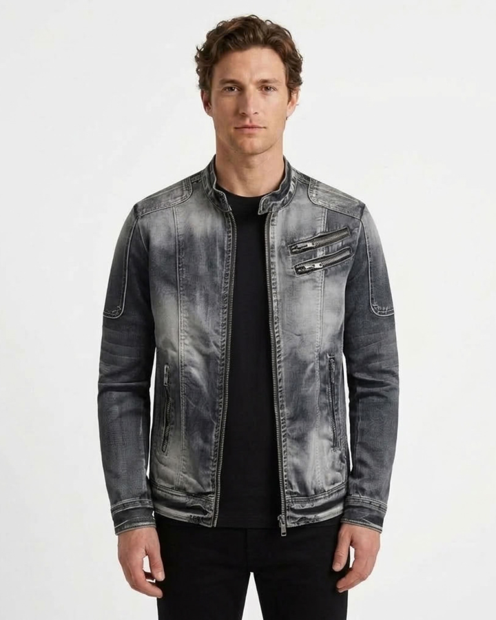 Fitted Denim Jacket with Worn Effect for Men