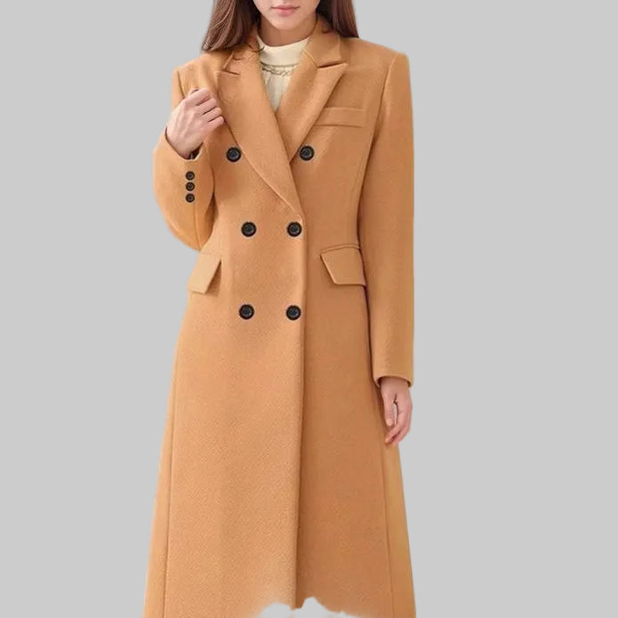 Wool Long Coat with Double Buttons – Elegant Burgundy Lapel Jacket