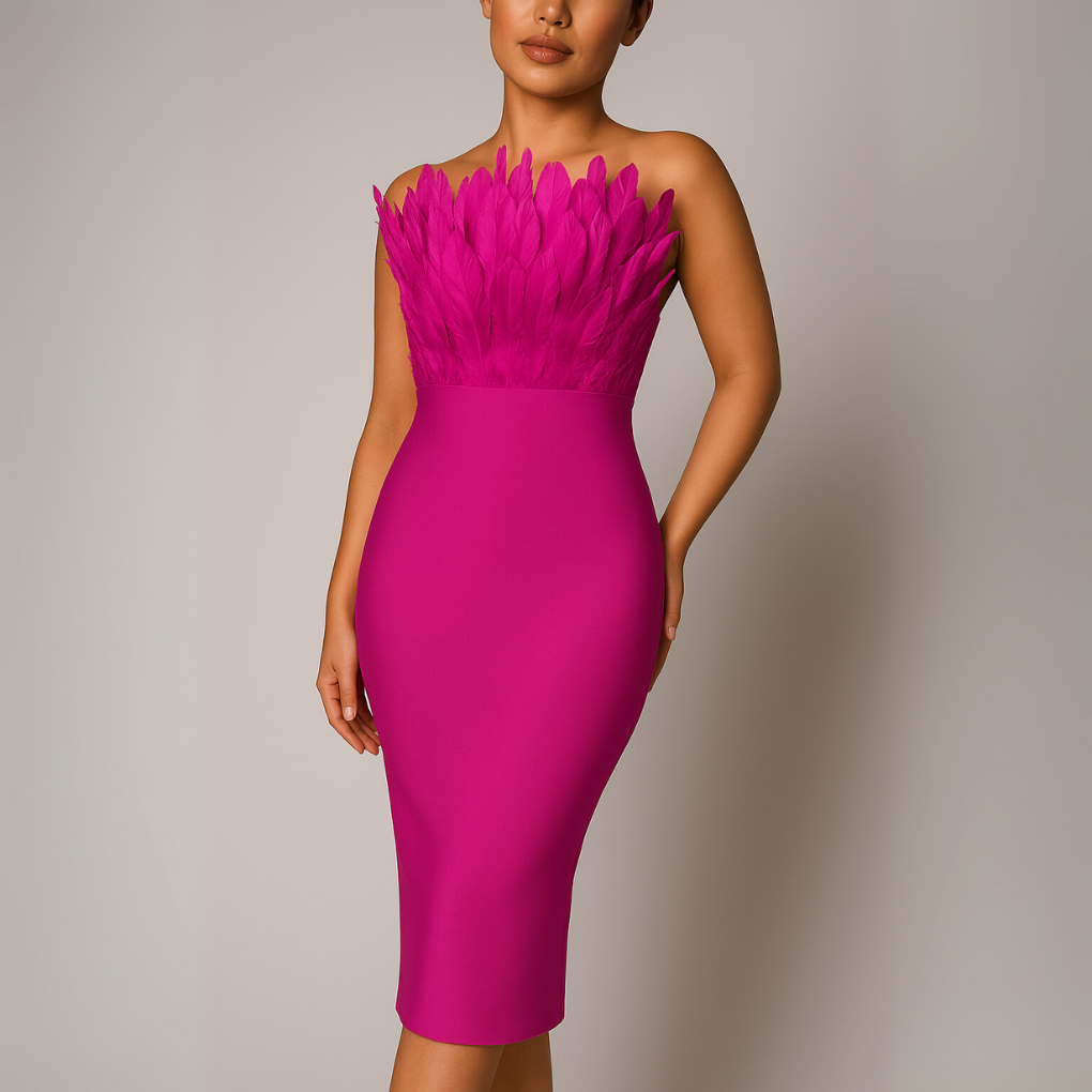 Women’s Strapless Midi Dress with Feather Trim