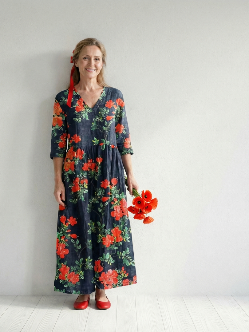 Cyrus Calm Drape Floral Midi Dress - Elena Harper