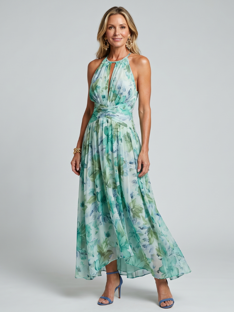 Portia Pleated Halter Soft Floral Pattern Midi Dress - Elena Harper