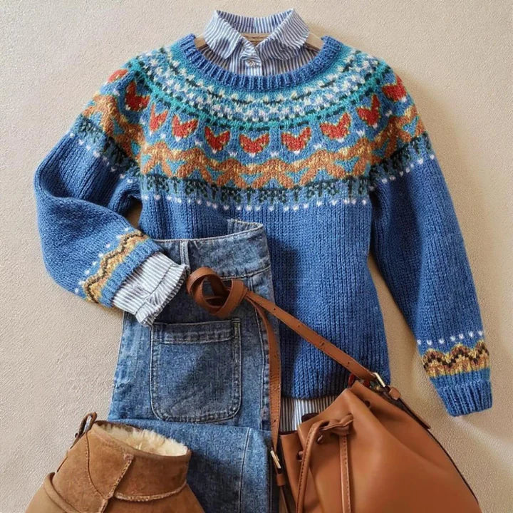 Elva Women's Patterned Knit Sweater with Heritage Blue Motif - Elena Harper