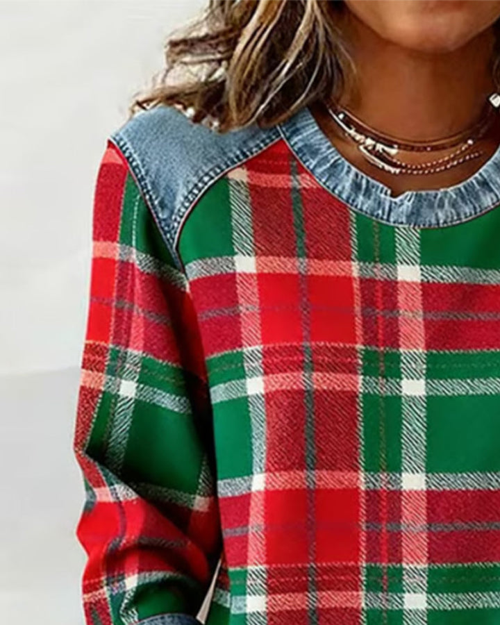Blue | Sweatshirt with Checkered Patchwork
