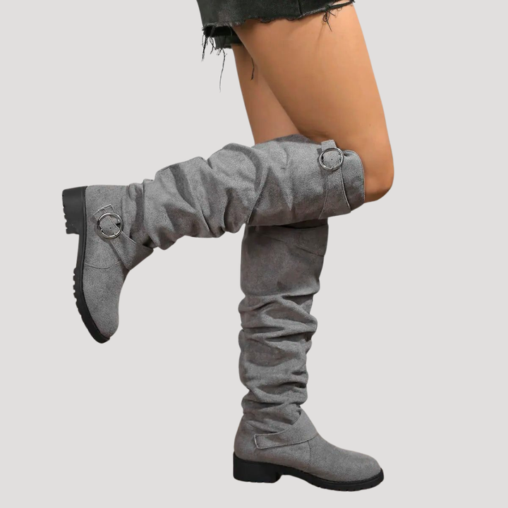 Women's Suede Knee-High Boots with Buckle Detail
