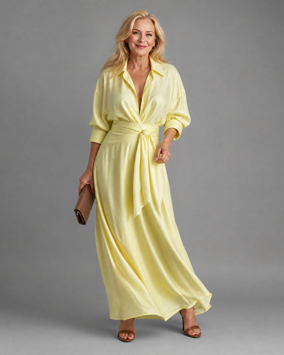 Zelith Belted Collared Flowing Long Sleeve Midi Dress - Elena Harper