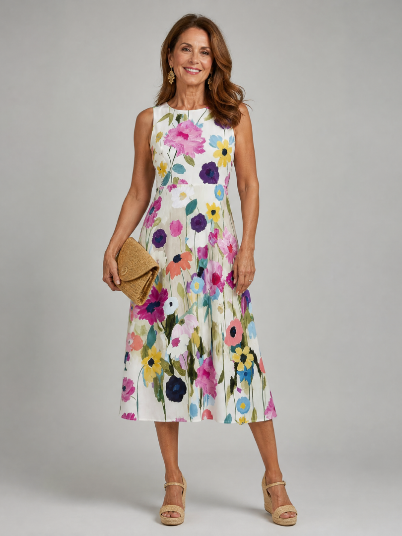 Women's Vibrant Floral Print Sleeveless Midi Dress