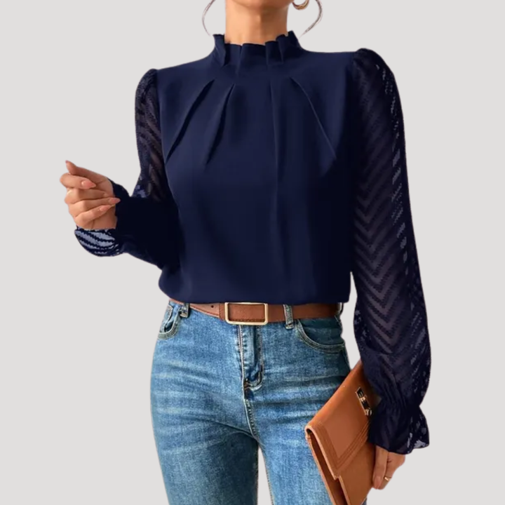 Women's Blouse with High Collar and Sheer Sleeves