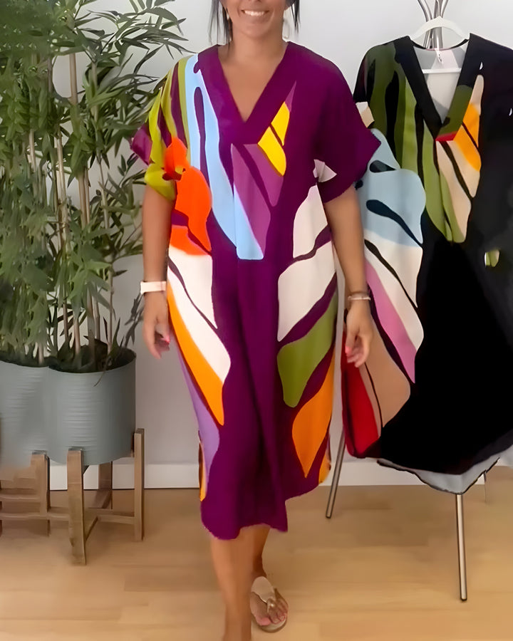 Ailsa Casual Dress with Colorful Leaf Print, view 3 - Elena Harper
