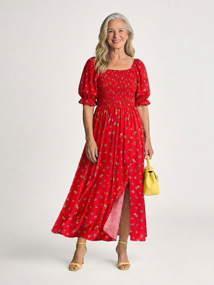 Delphine Square Neck Floral Puff Sleeve Midi Dress - Elena Harper