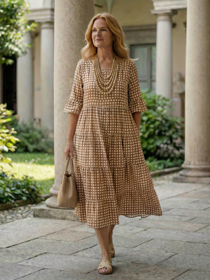 Arlo Polka Dot Tiered Midi Dress Short Sleeve - Elena Harper