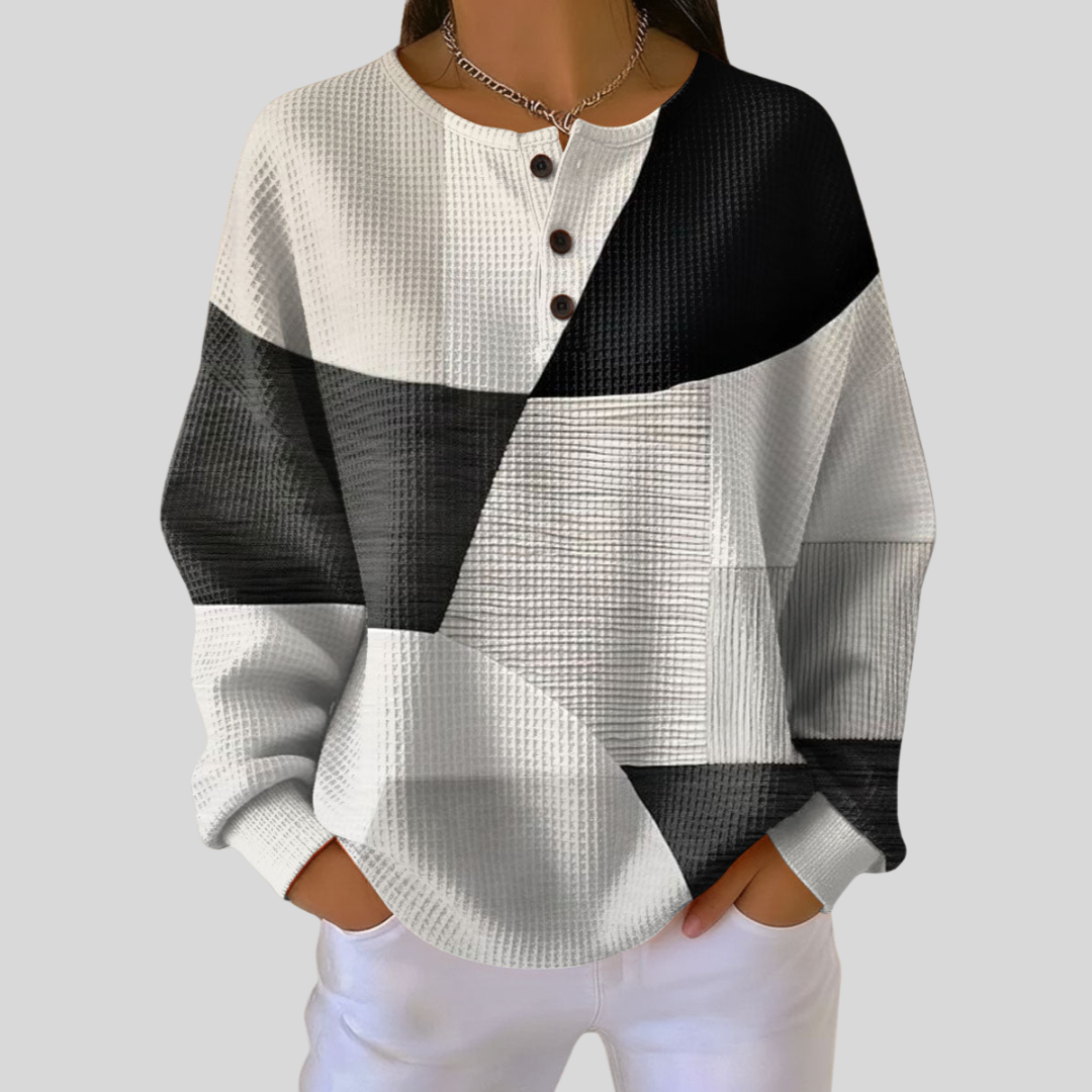 Almira Waffle Knit Henley Sweatshirt - Elena Harper
