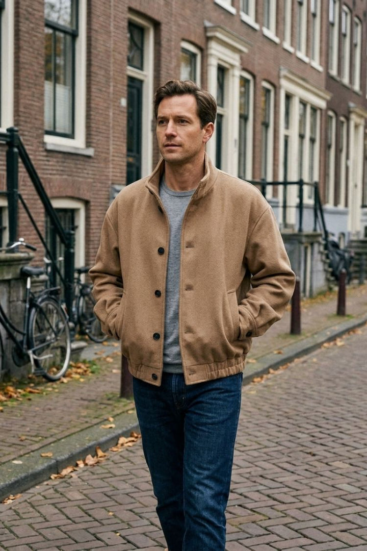 Men's Bomber Jacket | Stand-Up Collar & Button Placket