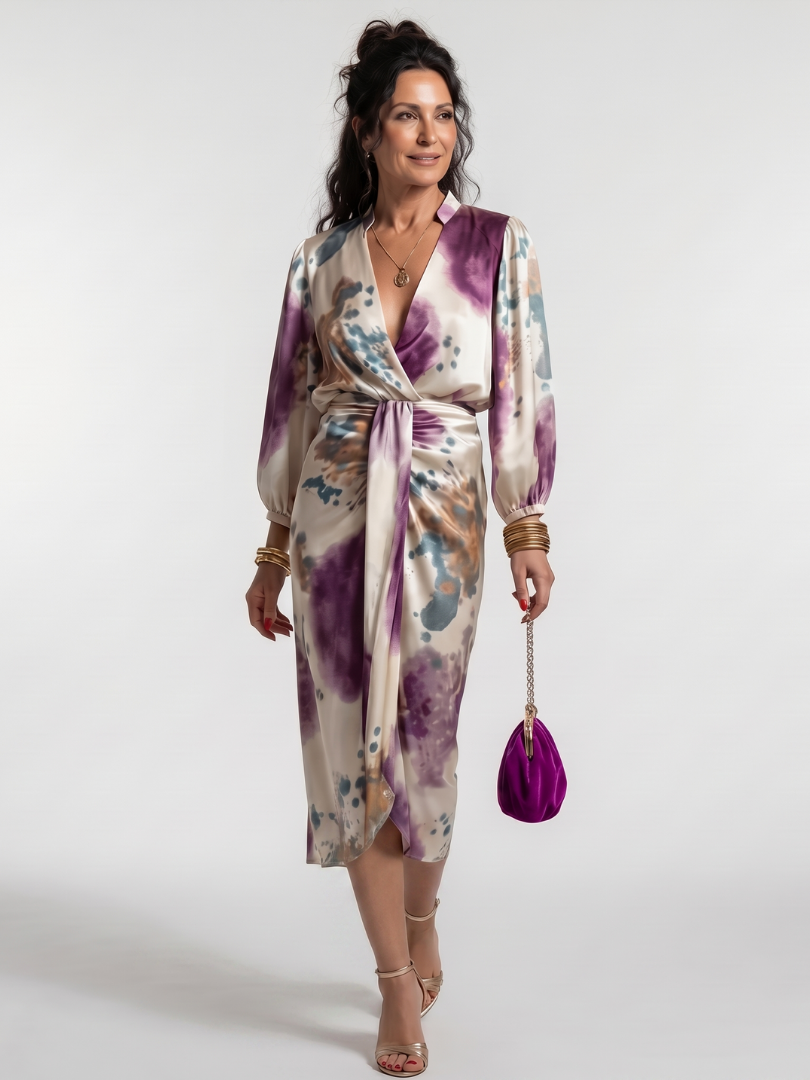 Women's Printed Cross Wrap Tie Waist Midi Dress