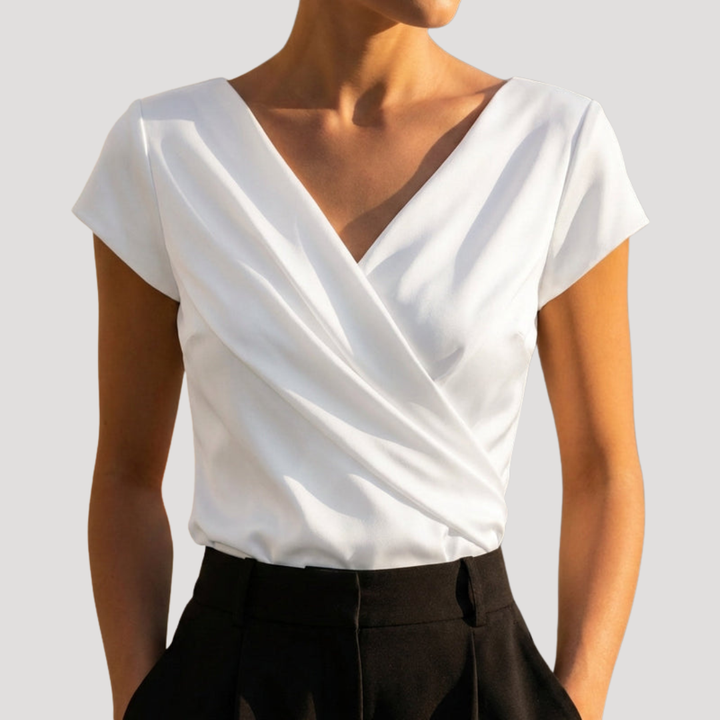 Fluid and Elegant Blouse with Draped V-Neck and Short Sleeves