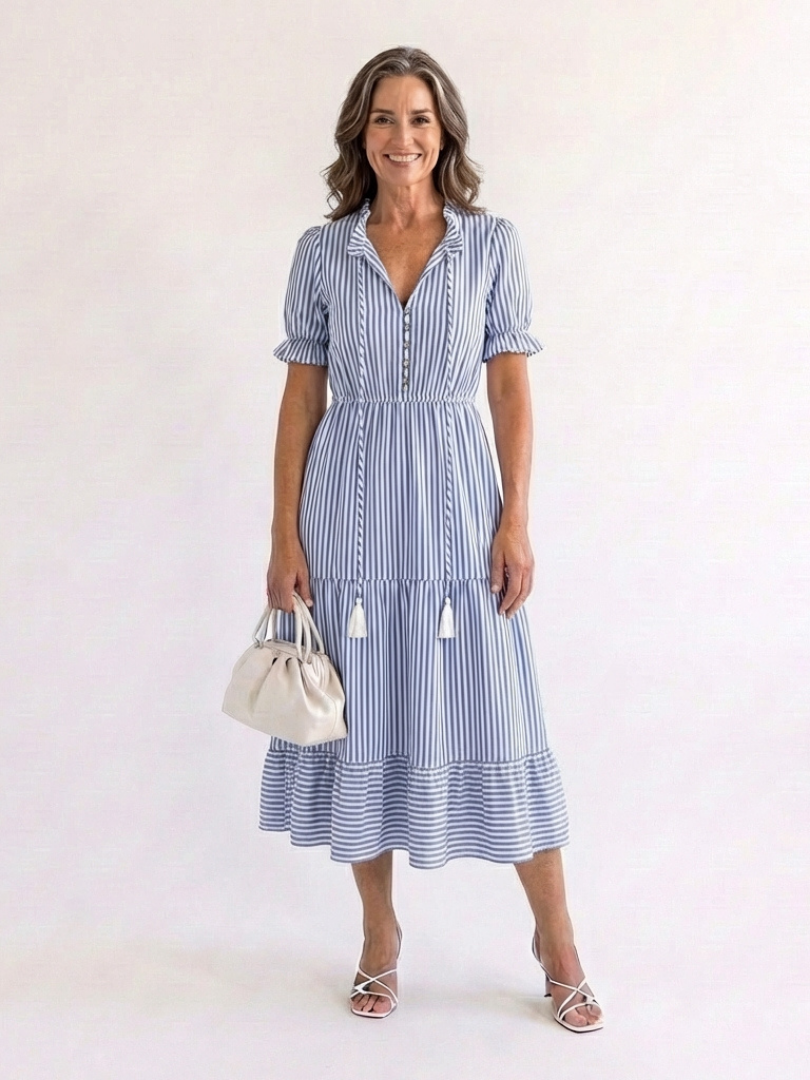 Dakota Short Sleeve Striped Tiered Midi Dress - Elena Harper