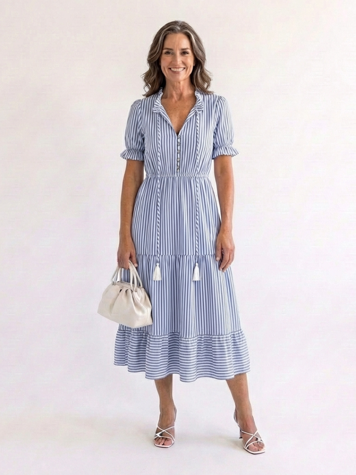 Dakota Short Sleeve Striped Tiered Midi Dress - Elena Harper