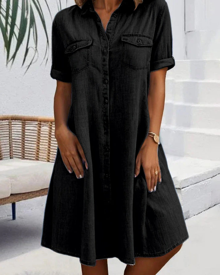 OLLIE - BUTTON-UP SHORT SLEEVE DENIM DRESS