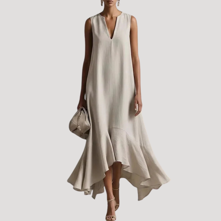 Elegant Long Women's Dress with Asymmetrical Ruffles