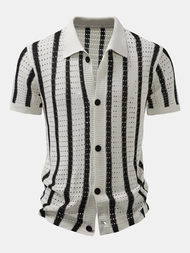 STRIPED SHIRT WITH KNITTED EYELETS & STRAIGHT LEG LINEN PANTS