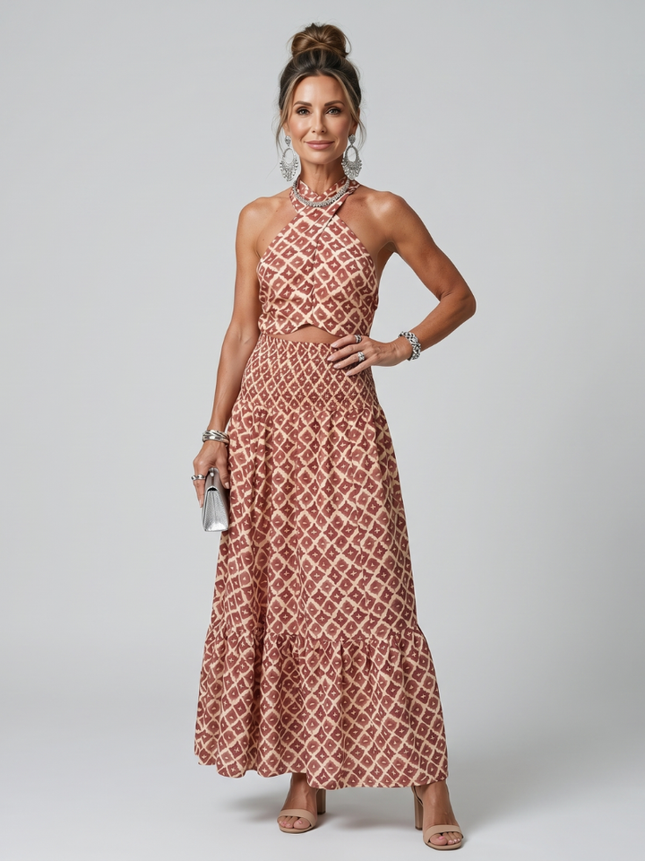 Amira Cross Halter Geometric Print Cutout Midi Dress - Elena Harper