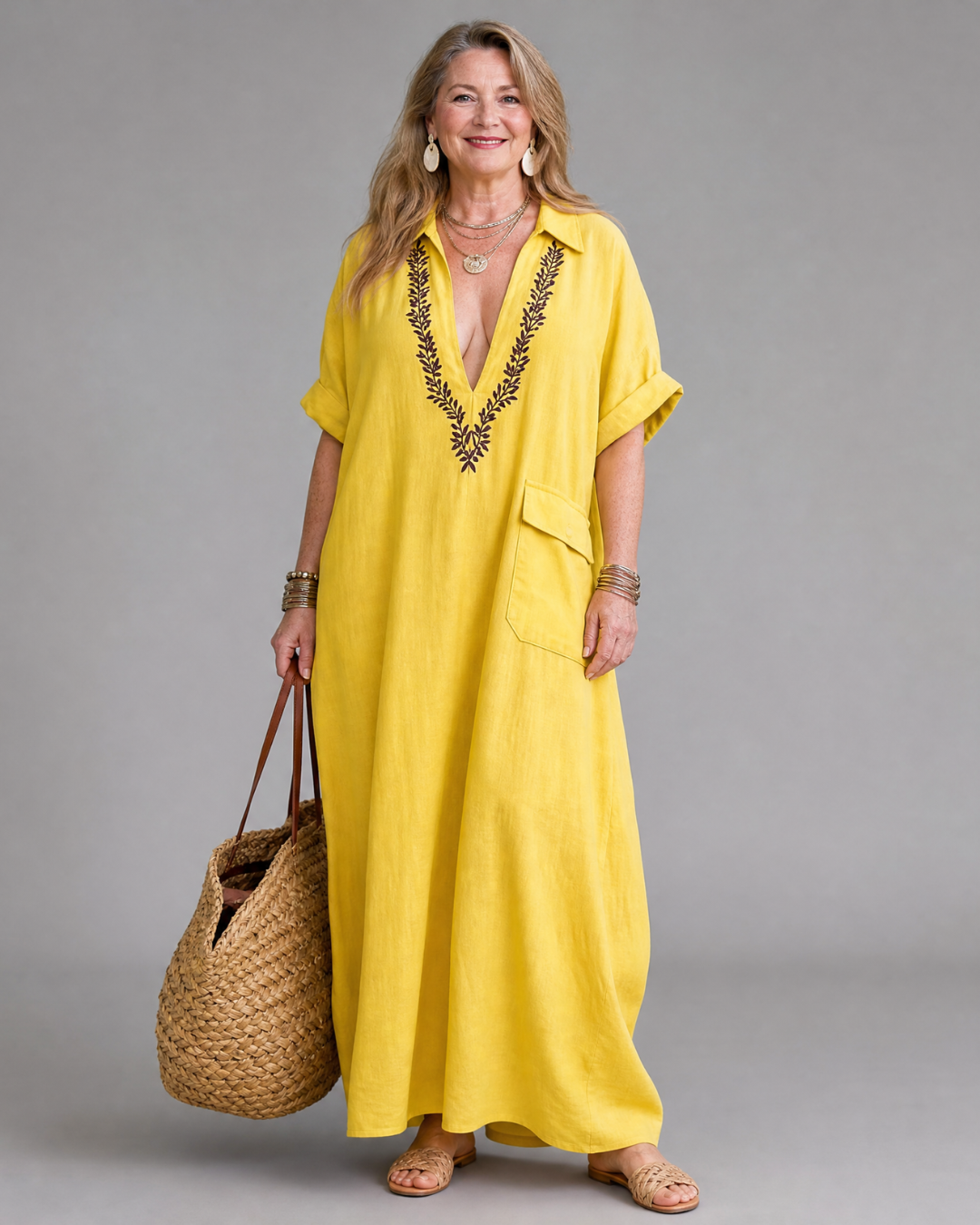 Elakeja Embroidered V Neck Pocket Detail Relaxed Midi Dress - Elena Harper
