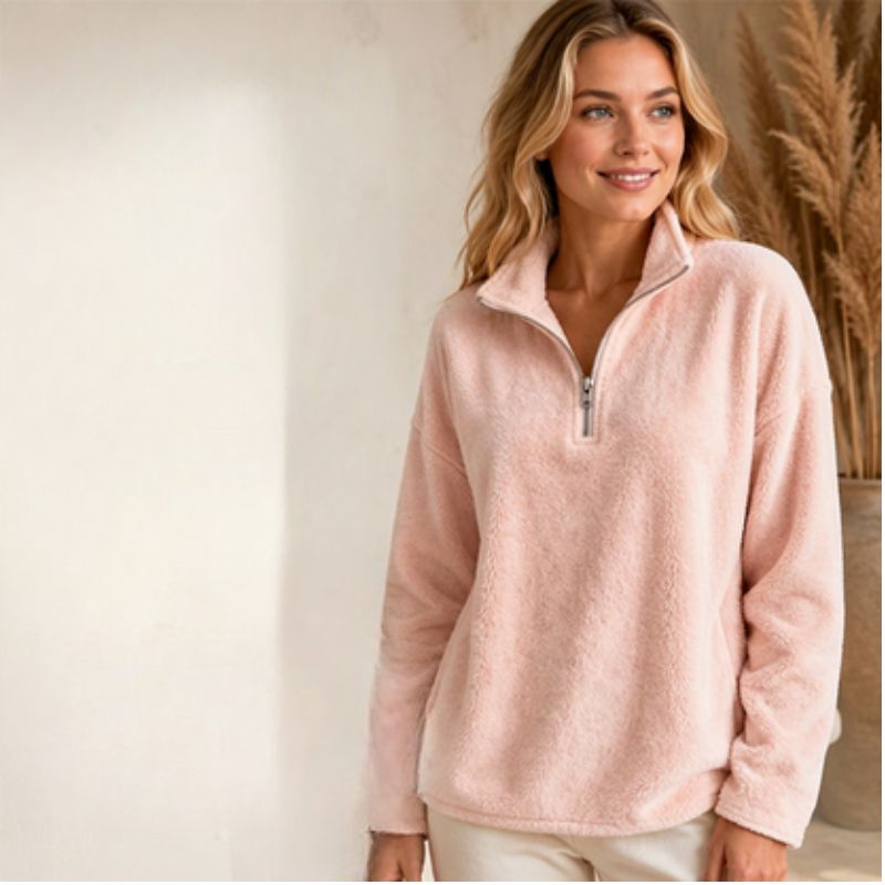 Akino Fleece Pullover with Half Zipper and Collar, view 8 - Elena Harper