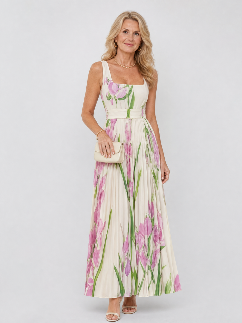 Women's Pleated Sleeveless Square Neck Midi Dress