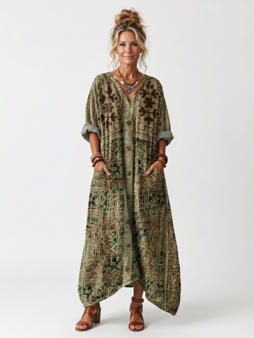 Aleta Button Front Oversized Pocket Midi Dress - Elena Harper