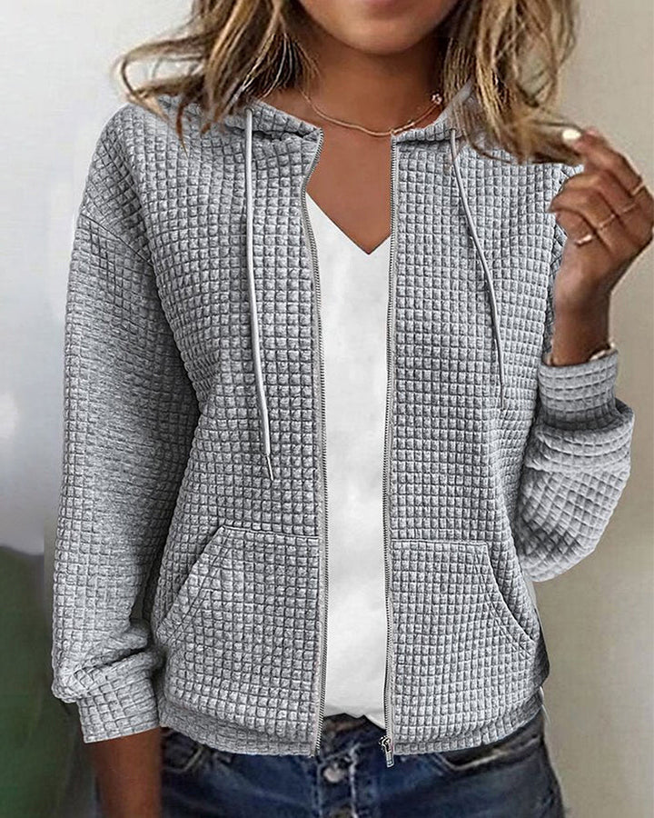 Casual Long Sleeve Textured Zip-Up Hoodie - Elena Harper