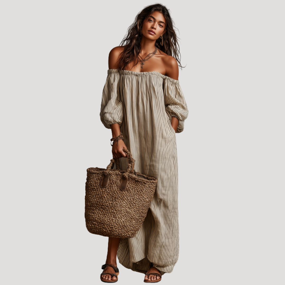 Bohemian Striped Off-Shoulder Maxi Dress
