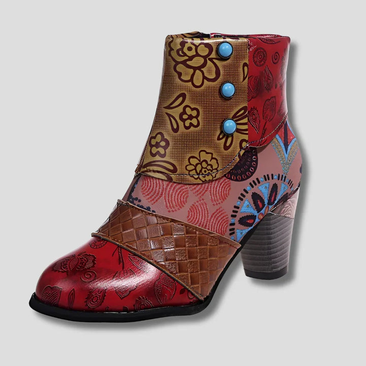 Embossed Floral Leather with Chunky Heel and Vintage Charm - Elena Harper