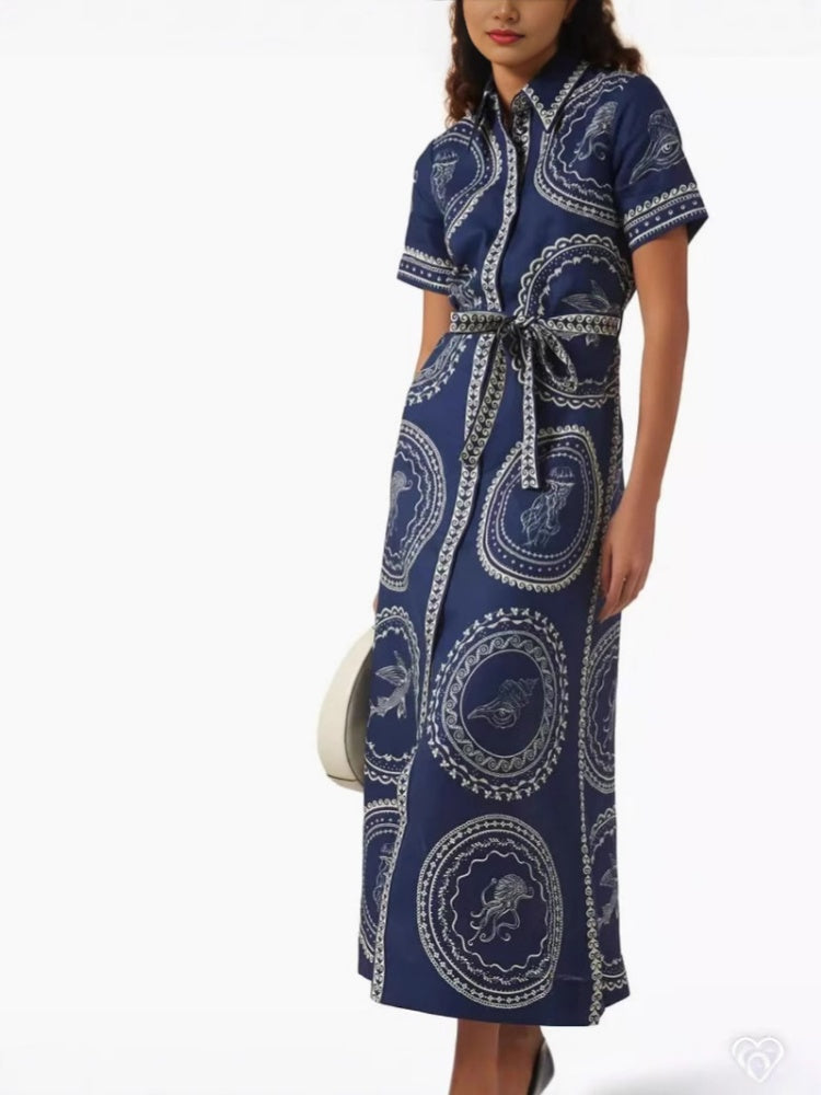 Jellyfish Print Linen Waist Dress