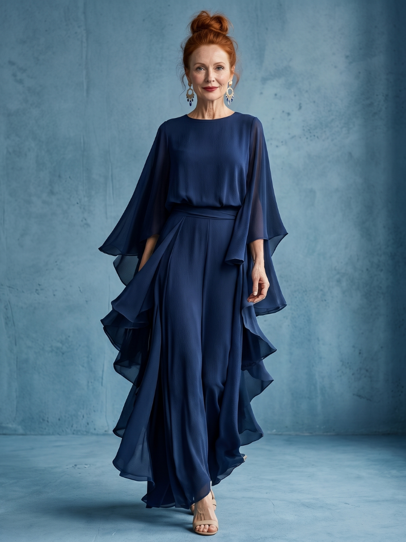 Desta Layered Sleeve Drape Waist Midi Dress - Elena Harper