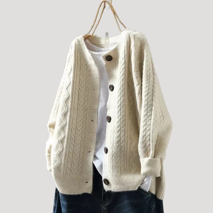 Women's Twisted Knit Cardigan with Round Neck