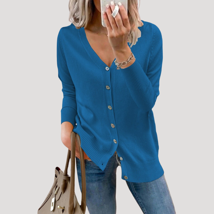 Women's V-Neck Knit Cardigan with Ribbed Cuffs