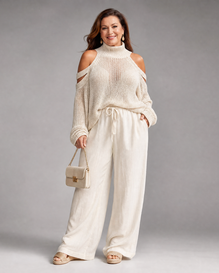 Elamen Cold Shoulder Knit Sweater Wide Leg Pants Set - Elena Harper