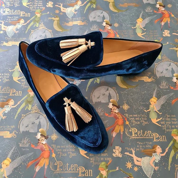Midnight Elegance Loafers with Champagne Tassel Details, view 2 - Elena Harper