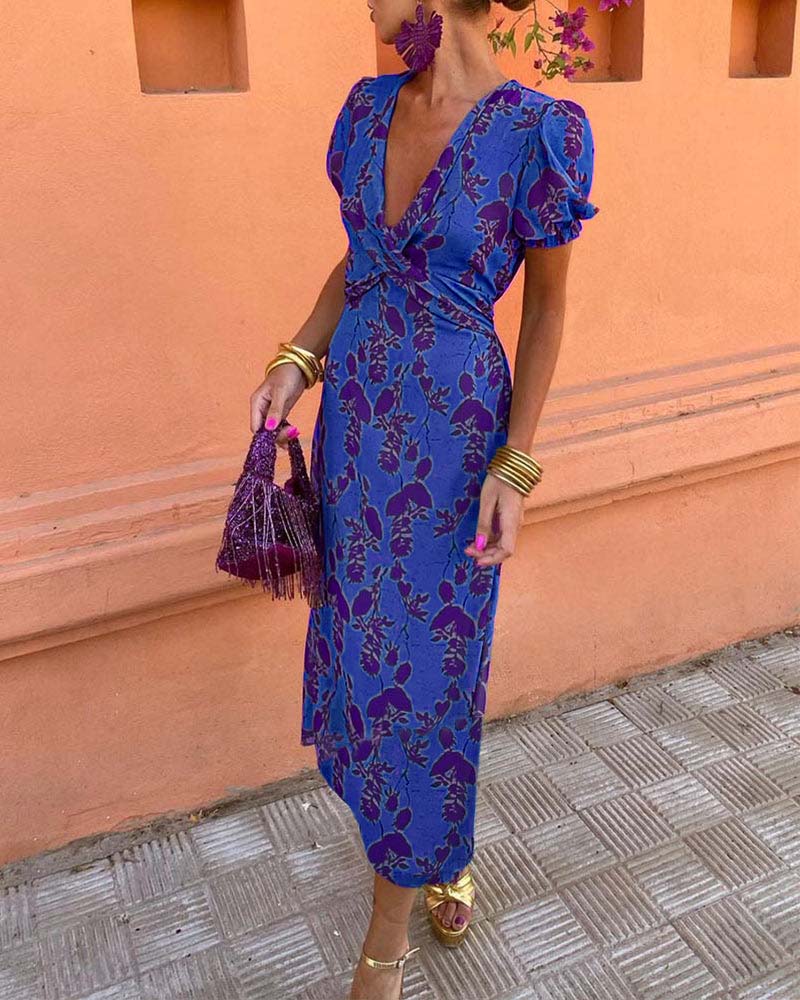 Aria Elegant Deep V-neck Dress With Leaf Pattern - Elena Harper