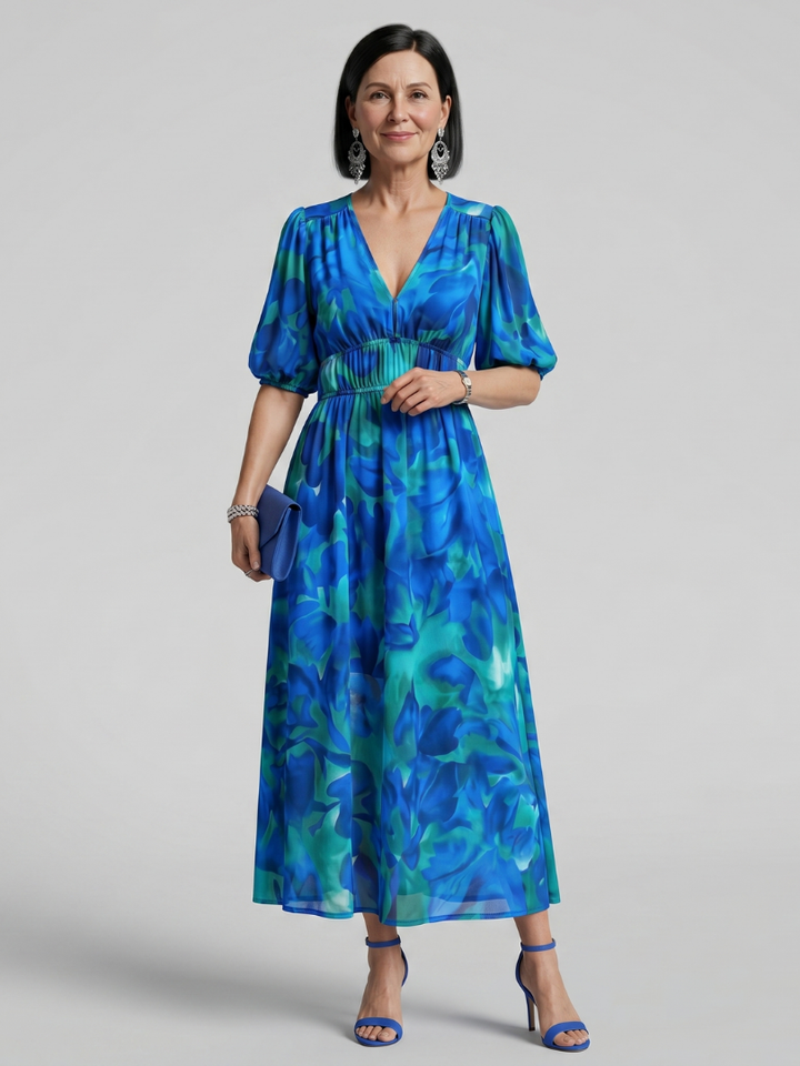 Candlia Puff Sleeve V Neck Abstract Print Midi Dress - Elena Harper