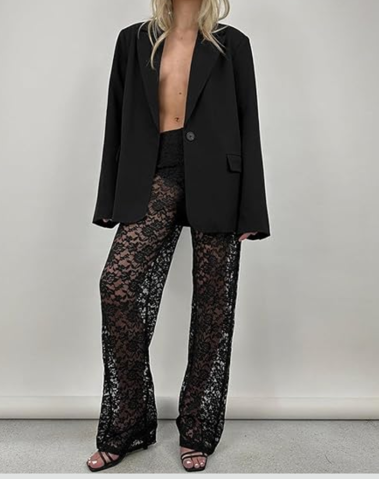 Flared Pants for Women with Lace Floral Pattern and Elastic Waist