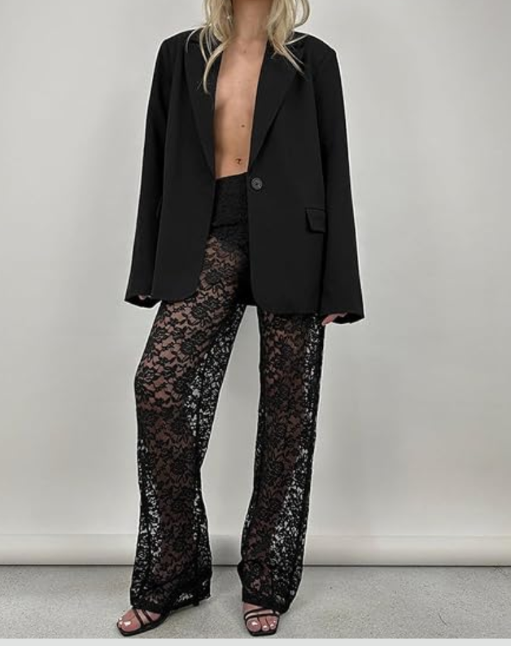 Flared Pants for Women with Lace Floral Pattern and Elastic Waist