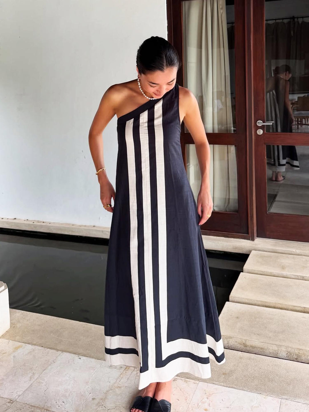 Asymmetrical Neckline Midi Dress