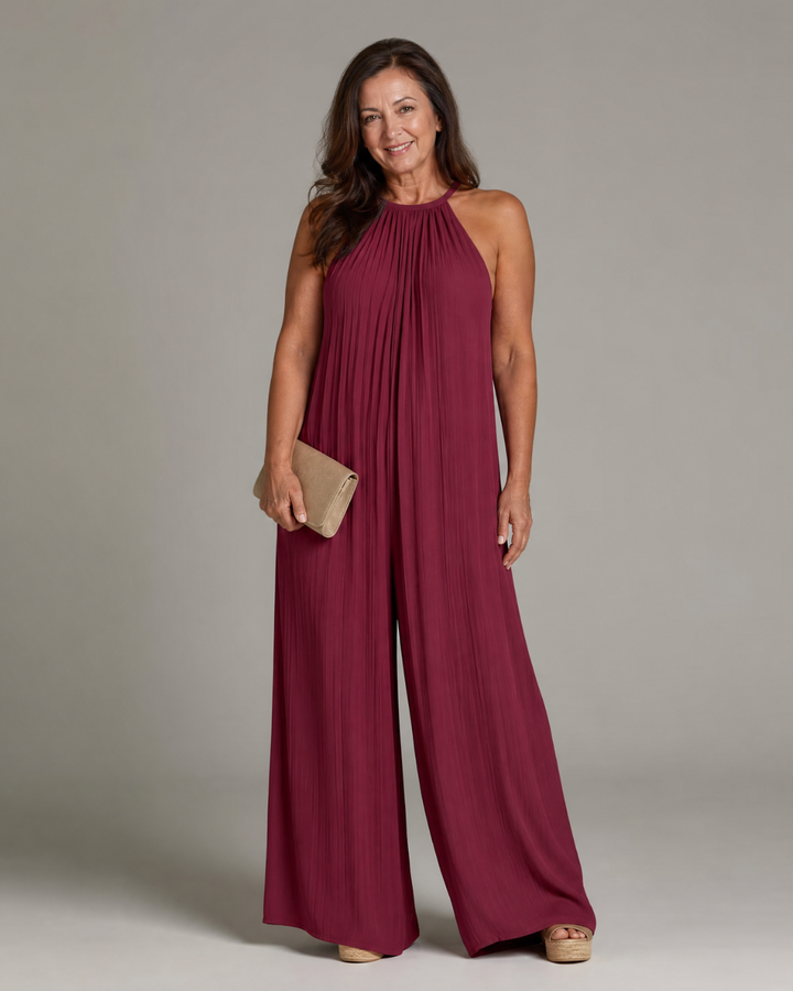 Sylvara Pleated Halter Neck Wide Leg Relaxed Jumpsuit - Elena Harper