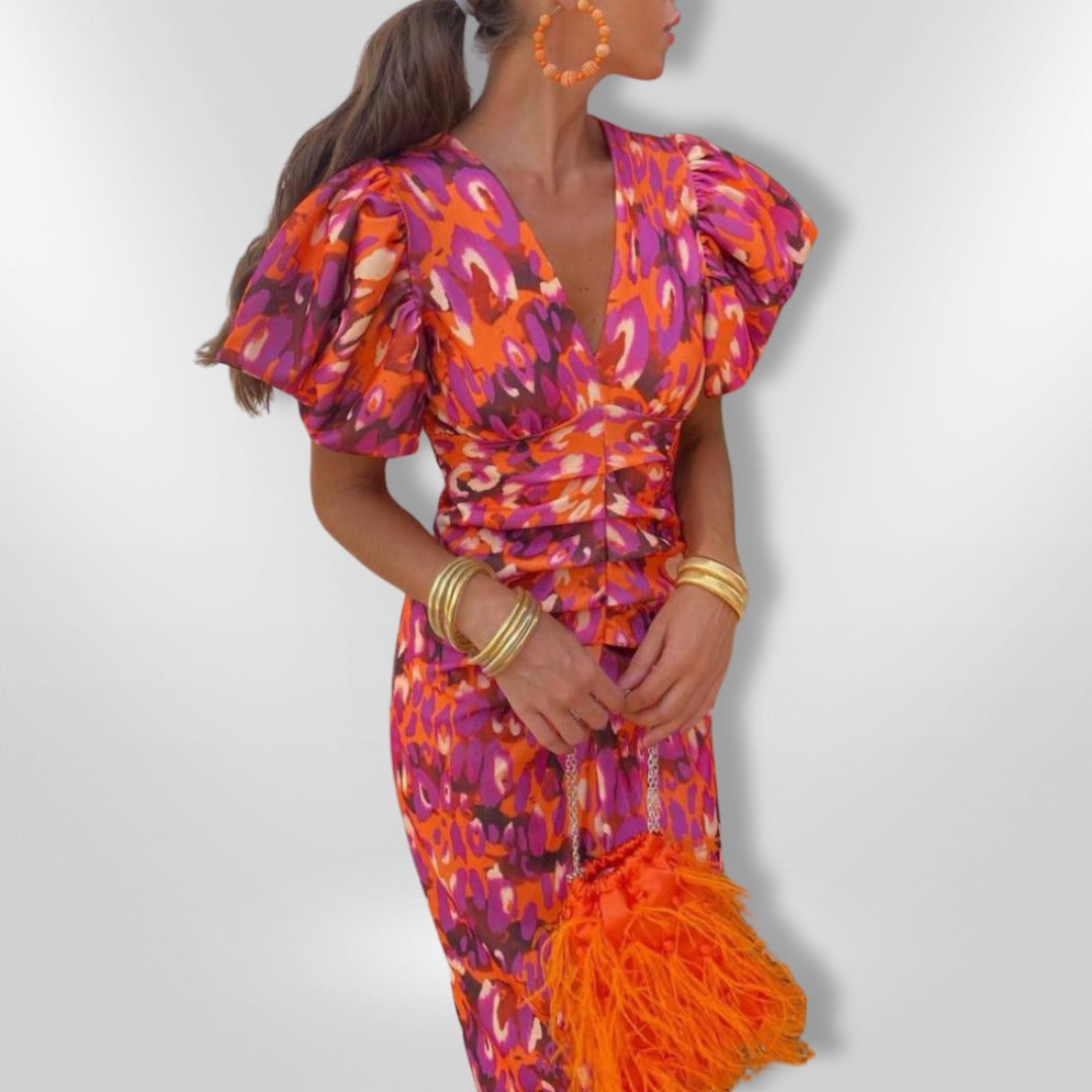Elegant Midi Dress with Voluminous Sleeves - Elena Harper